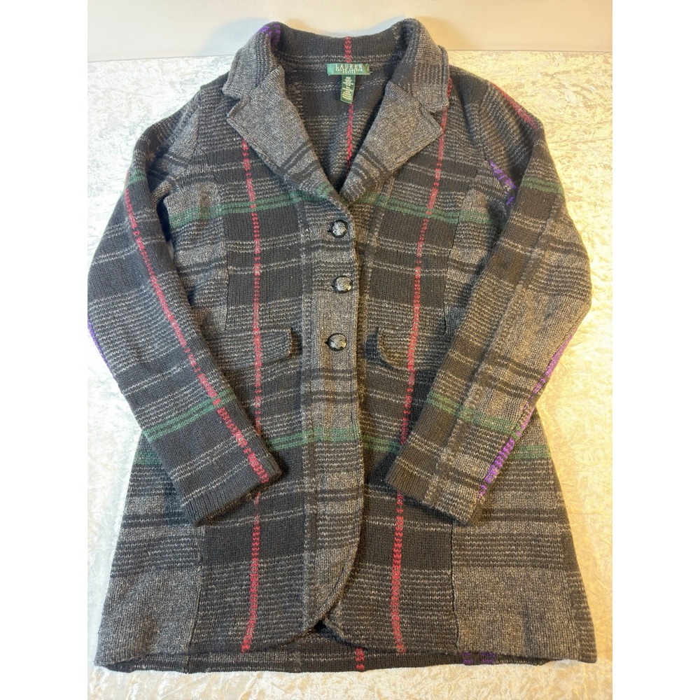 Lauren Ralph Lauren Women PM Lambswool Plaid Cardigan Sweater Button Front